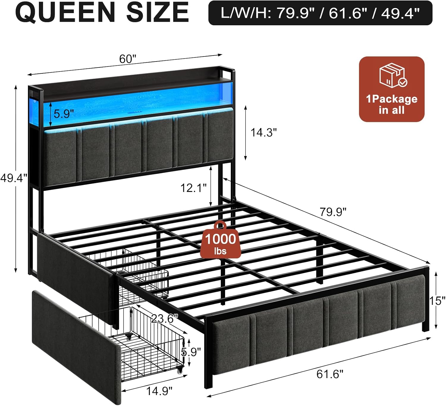 Detalle 2 de Isometrics HB061GKGY Queen Bed Frame with Storage, Grey Upholstery and RGB LED