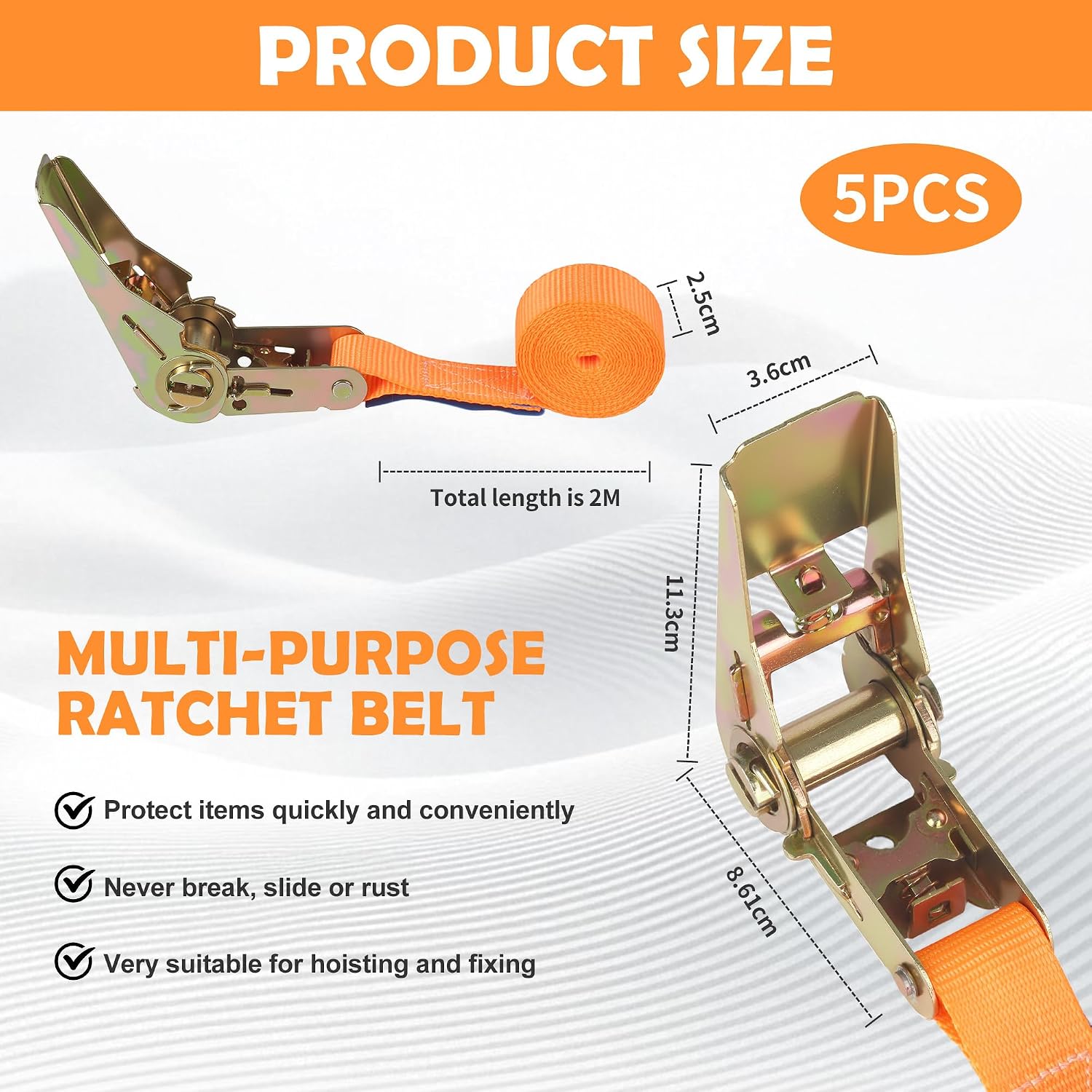 Detalle 2 de 5 Stück Spanngurte mit Ratsche, 25 mm x 2 m, 800 kg Tragkraft – Orange