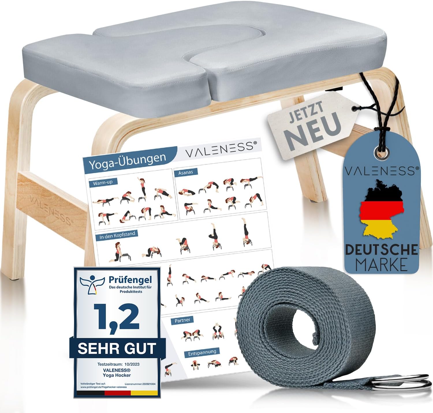 VALENESS Yoga Kopfstandhocker – Hochwertiger Yoga Stuhl inkl. Yogagurt, Yogablock & Übungsposter