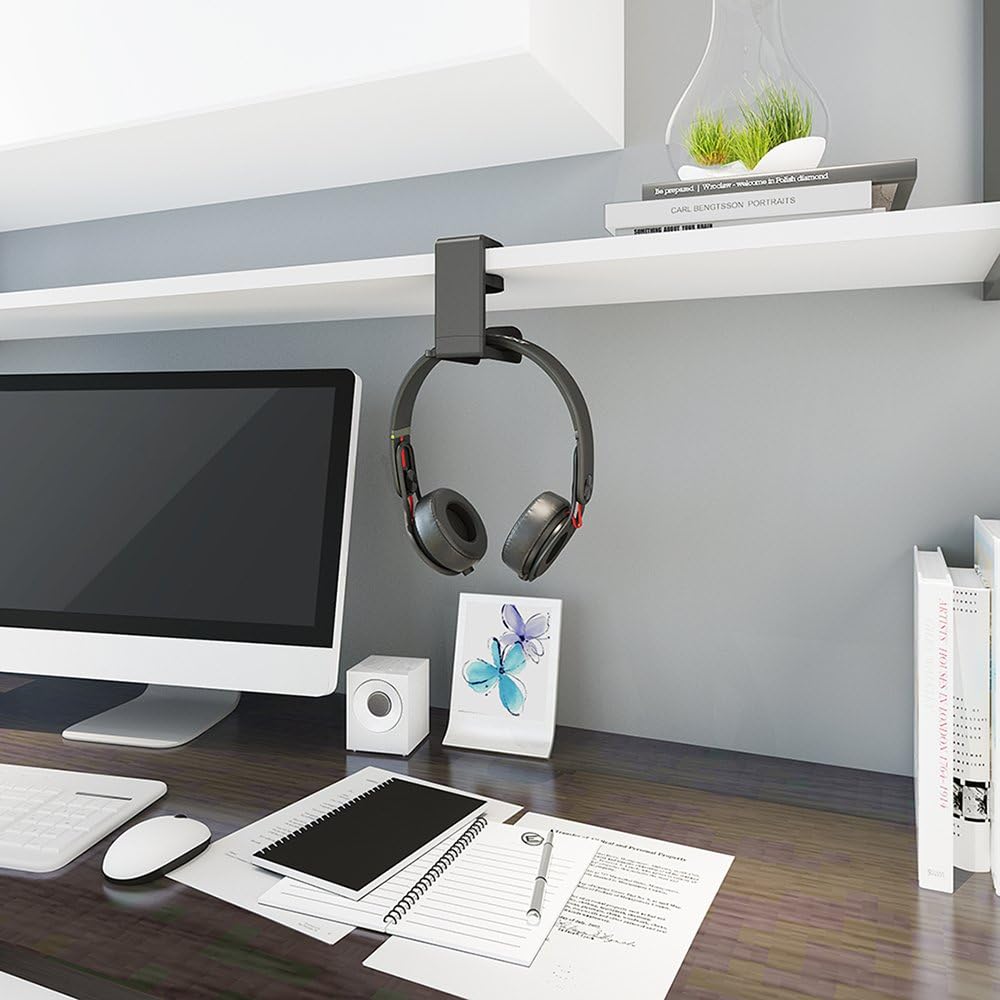 Detalle 2 de EURPMASK Rotating Clamp-On Headphone Stand (2 Pack) with 360° Swivel & Cable Clip Organizer