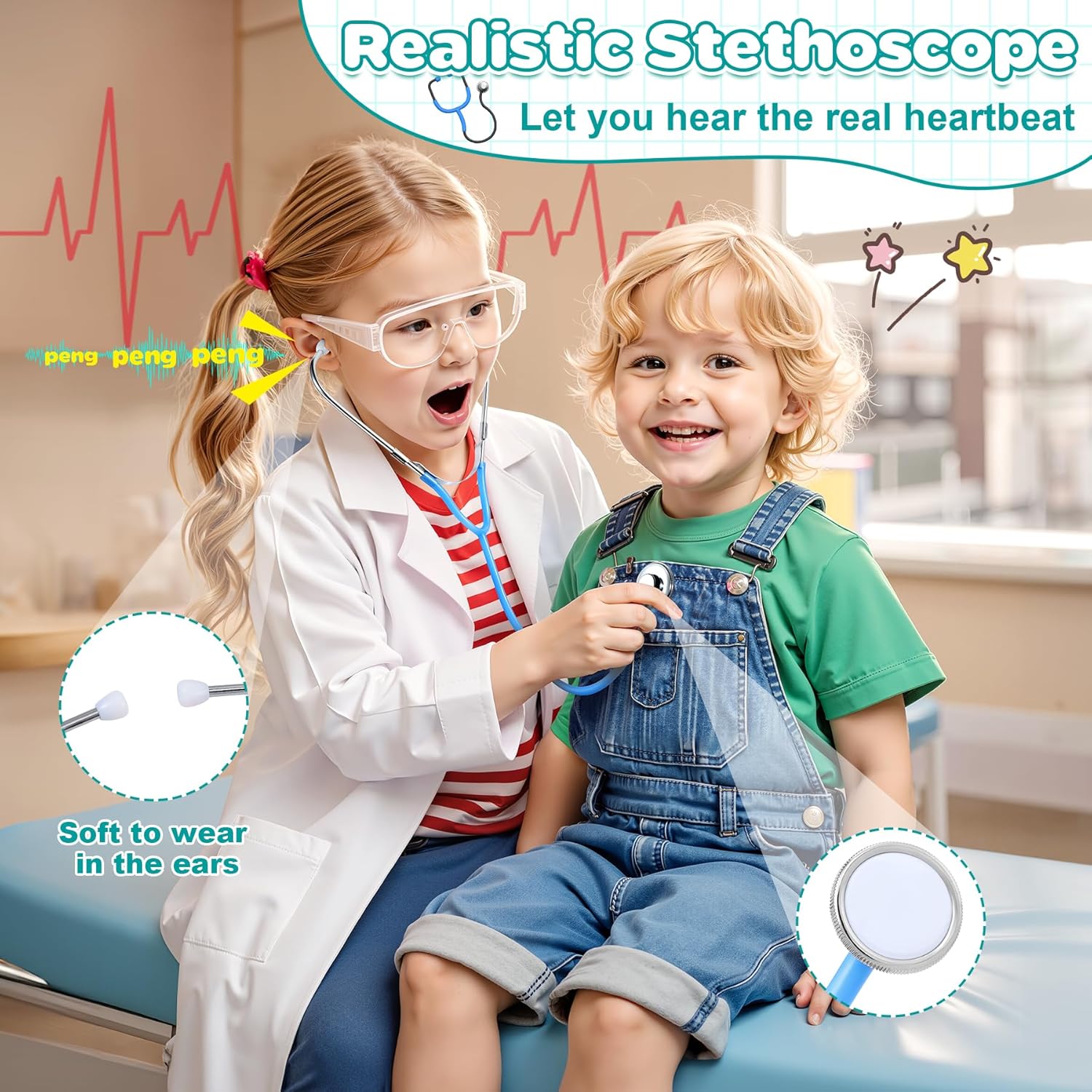 Detalle de Perbabe Mallette Docteur en Bois avec Véritable Stéthoscope et Kit Médical Complet – 32 Pièces pour Enfants 3–6 ans