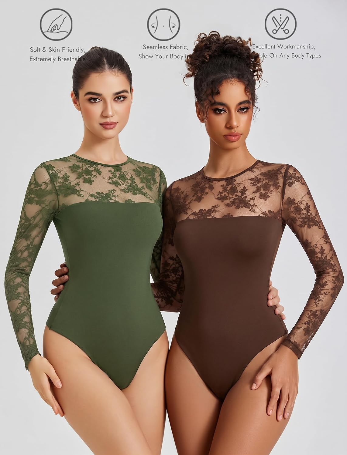 Detalle de Avidlove Long Sleeve Lace Bodysuit for Women, Crew Neck
