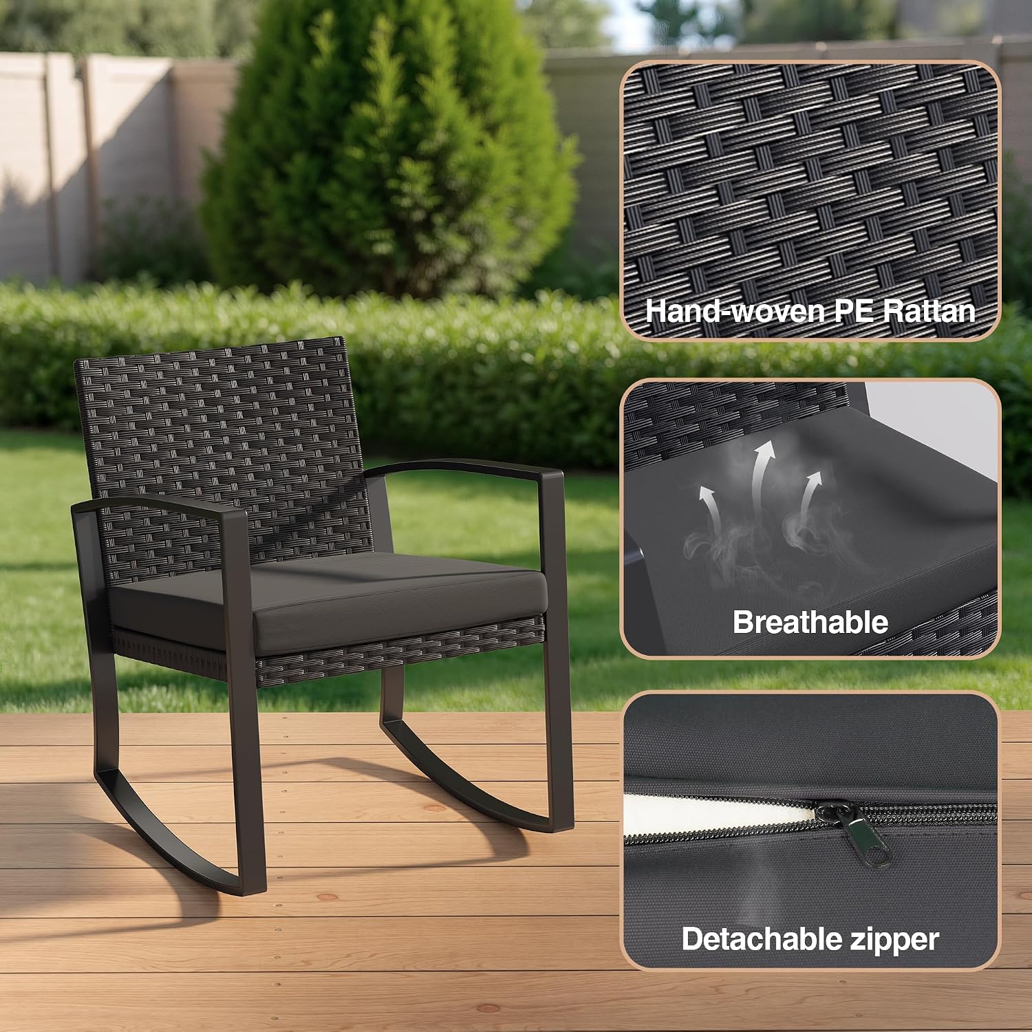 Detalle 2 de Qsun WR210-BK 3-Piece Patio Furniture Set with Rocking Chairs and Glass Table