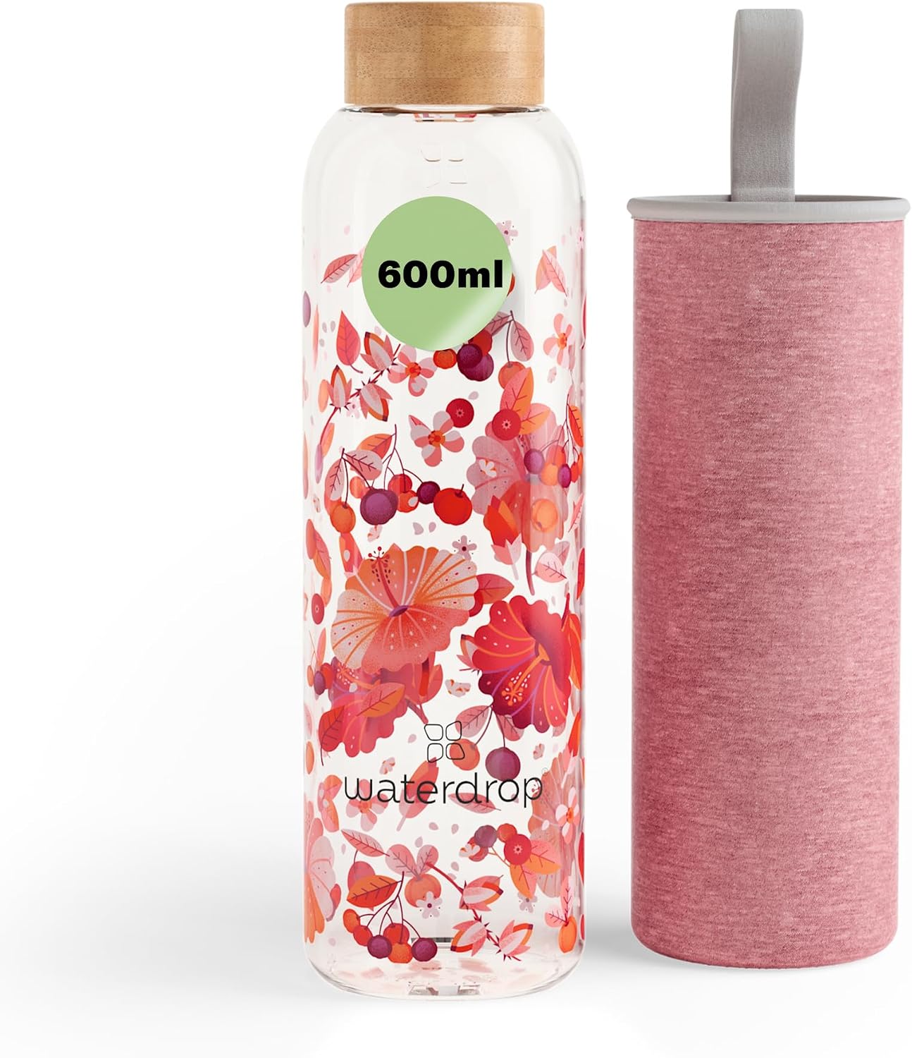 waterdrop® Bouteille en Verre 600ml — Gourde Borosilicate avec Bouchon Bambou et Housse Néoprène