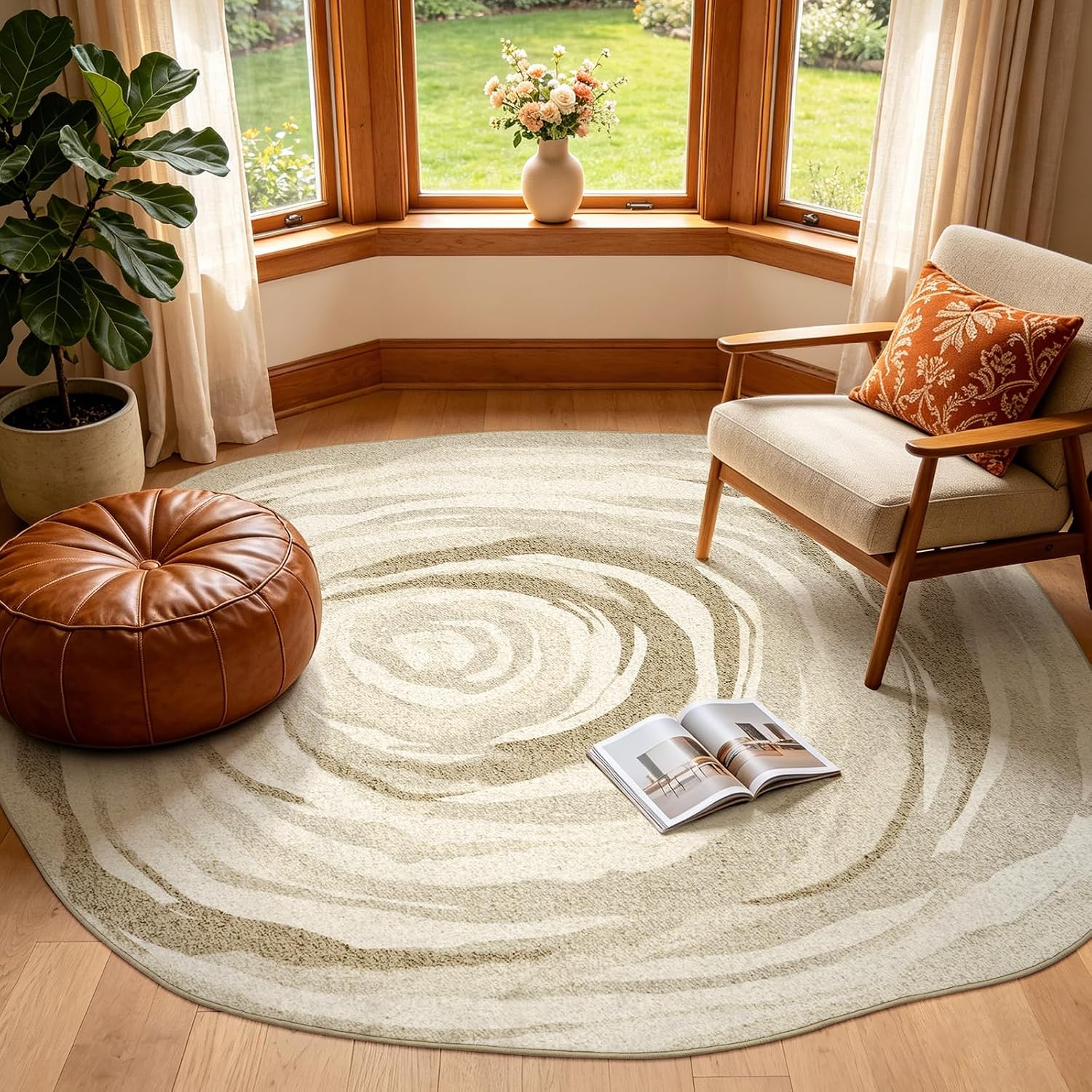 Detalle de YDKGL 5'x7' Washable Area Rug, Green Beige, Low-Pile Abstract Design