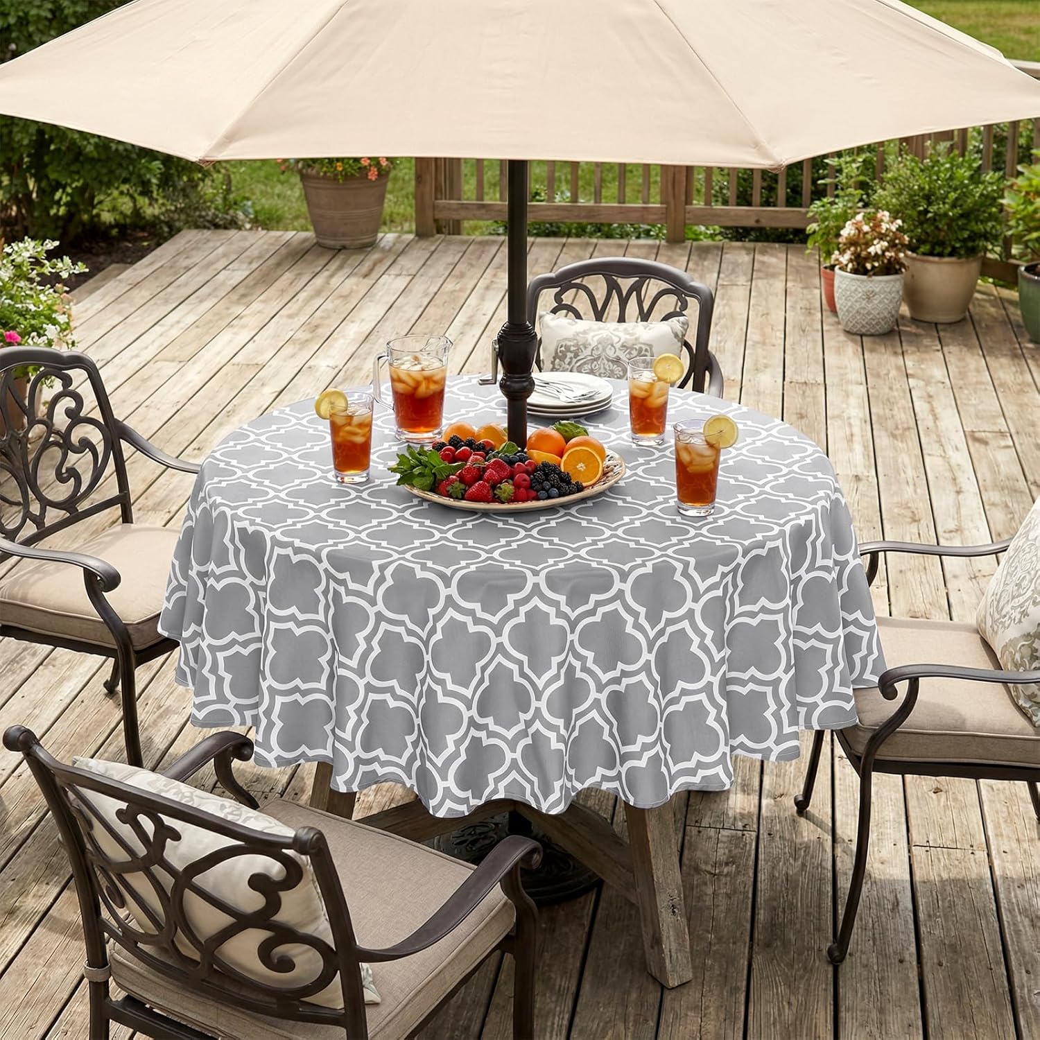 Thumbnail 5 de Eternal Beauty 152cm Round Grey Plaid Tablecloth with Umbrella Hole and Zipper — Outdoor/Indoor, Splashproof