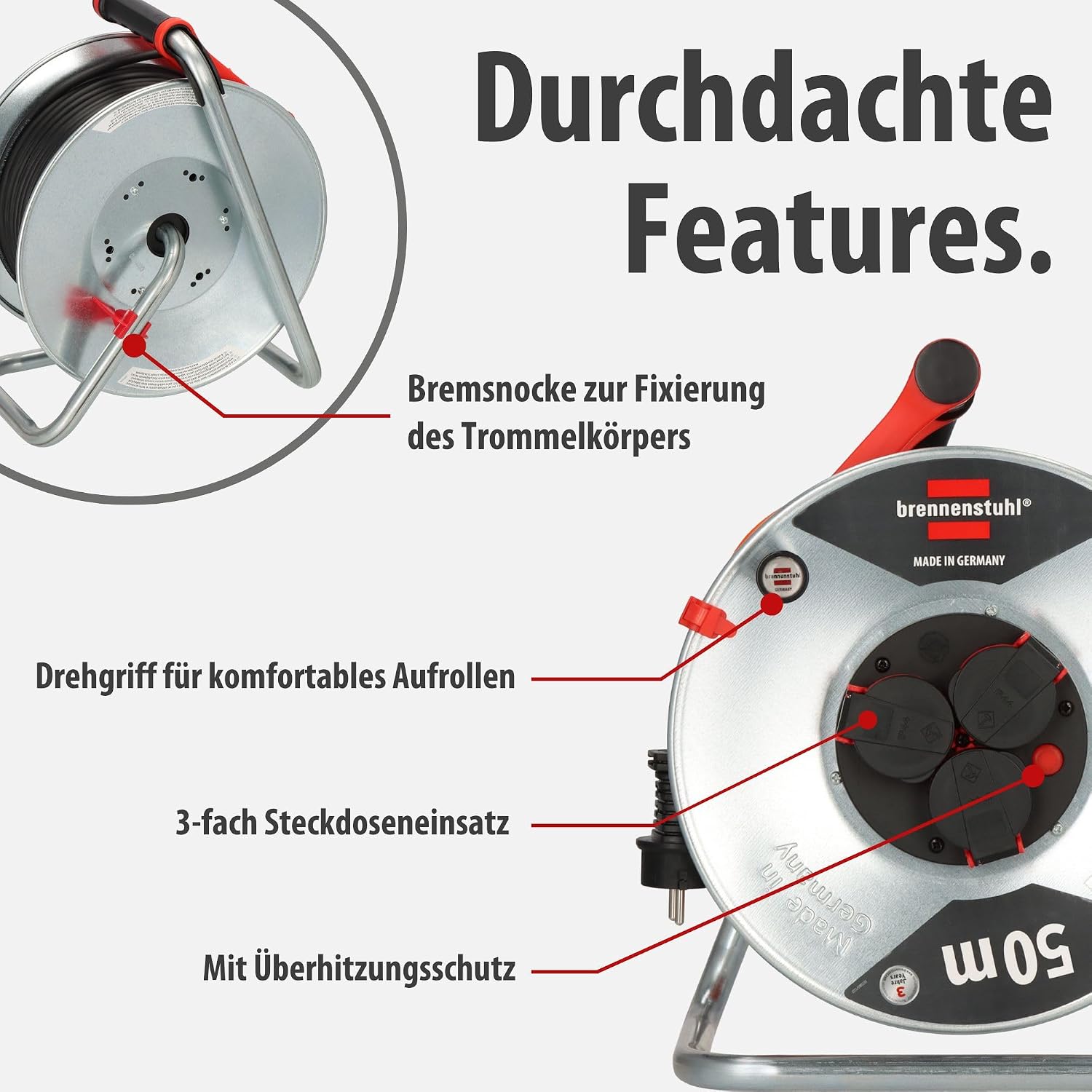 Detalle de Brennenstuhl Garant S V2 IP44 Kabeltrommel 50m outdoor – robust, zuverlässig und absolut wetterfest