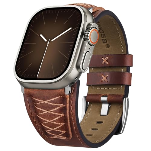 Detalle de Fullmosa Correa de Cuero para Apple Watch Ultra 3/2/1 y Series 11-1 (49mm-42mm) – Marrón con Acabado Plata