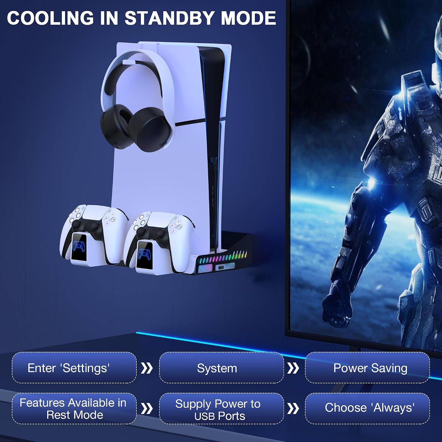 Detalle de HELLCOOL PS5 Wandhalterung: All-in-One Standfuß mit Kühlung, Ladefunktion und RGB für PS5 Slim/Disc/Digital