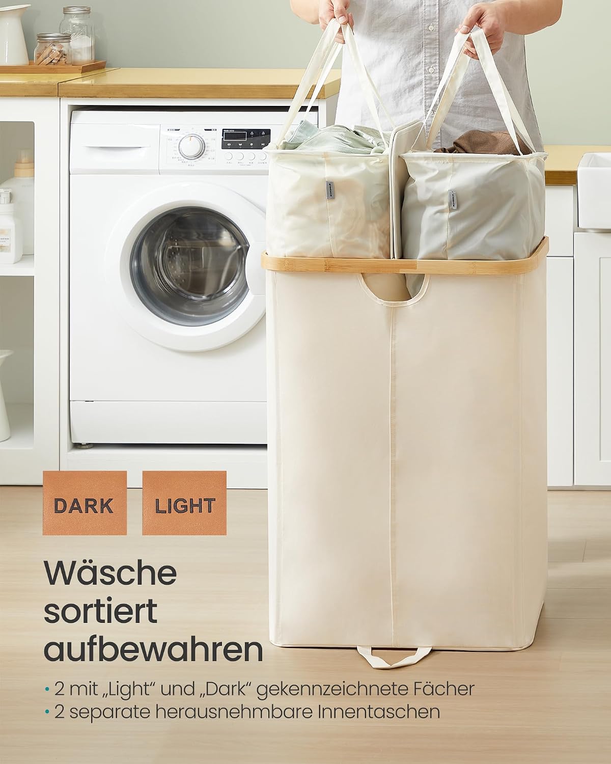 Detalle de SONGMICS Wäschekorb mit 2 Fächern und Deckel (150 Liter) LCB523W01 – Wäschesortierer für zwei Säcke