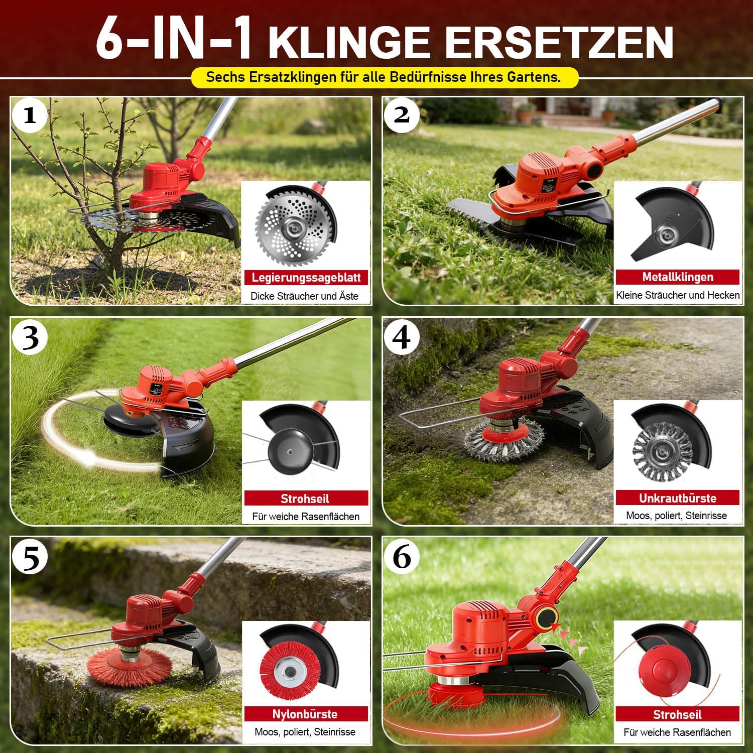 Detalle de Rasentrimmer mit Akku und Unkrautbürste für Makita-Akkus – 6-in-1 Freischneider, 21V, 20.000 U/min