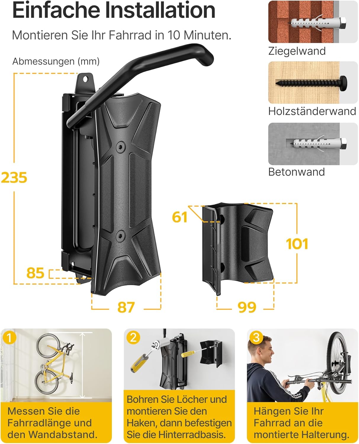 Thumbnail 6 de monTEK schwenkbare Fahrrad-Wandhalterung (Rennrad) – vertikaler Wandständer im 3er-Set, bis 35 kg, Reifenbreite bis 90 mm