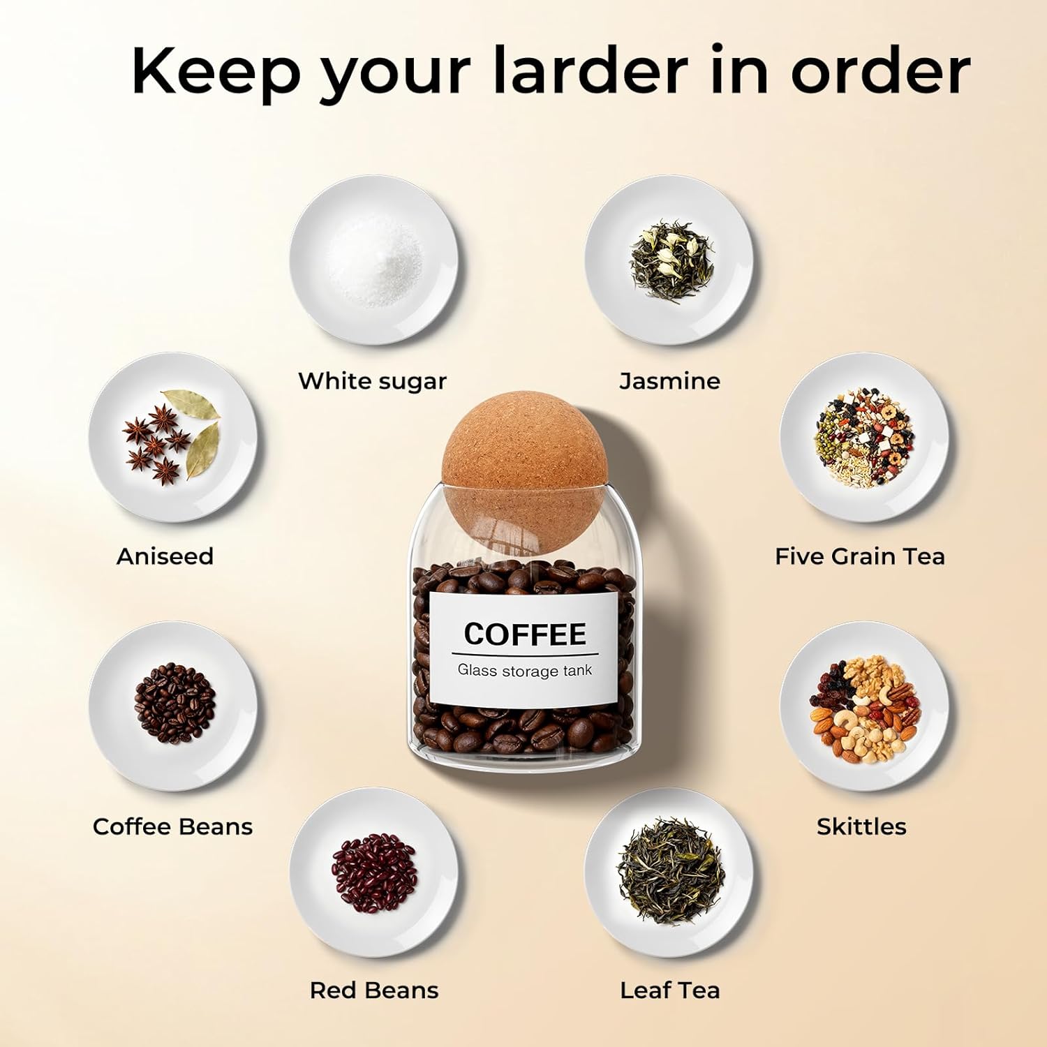 Detalle de Esilihom 3-Pack 500ml Glass Tea, Coffee and Sugar Canisters with Cork Ball Stoppers