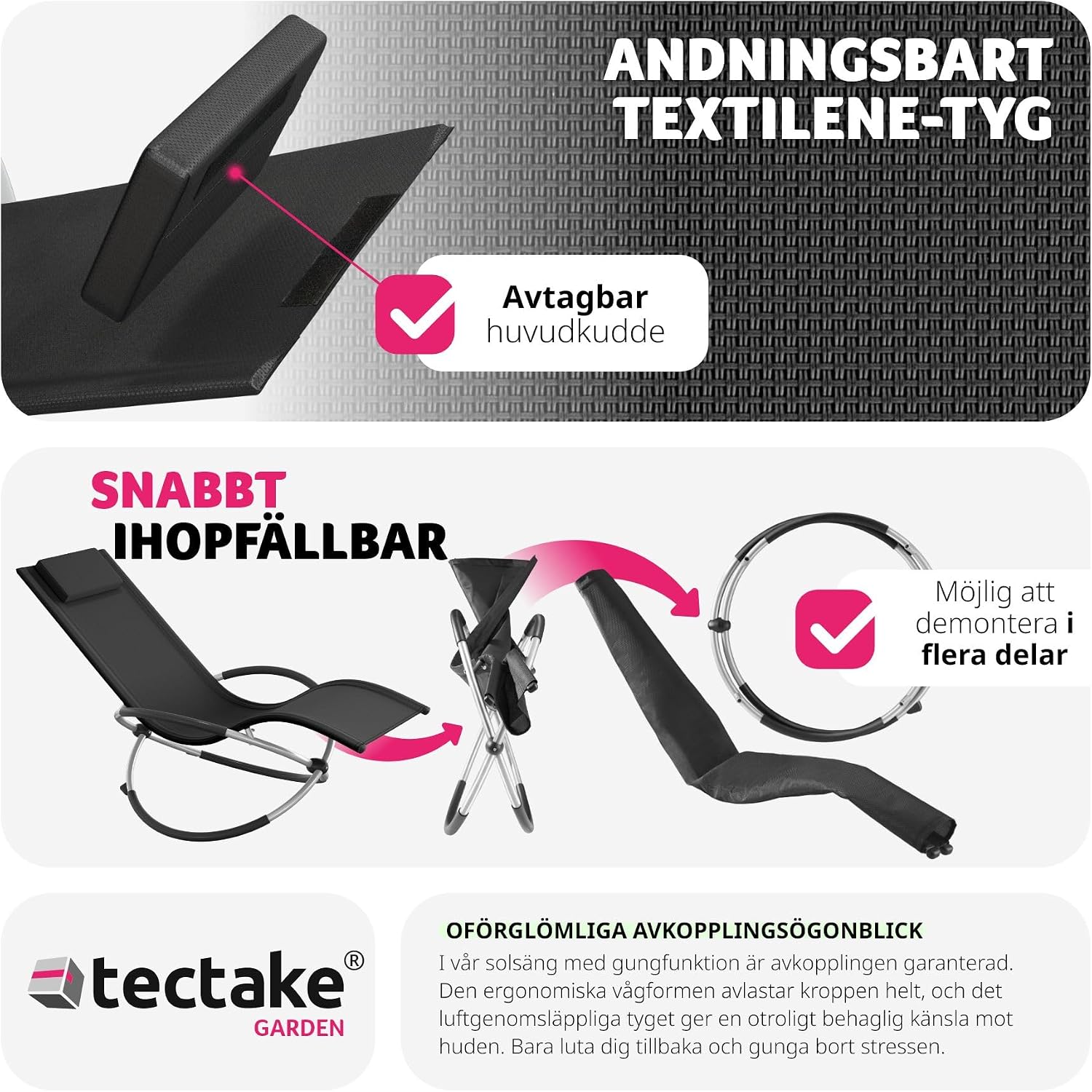 Thumbnail 6 de tectake Lettino Paulina 404996 – hopfällbar solstol med gungfunktion och Textilene