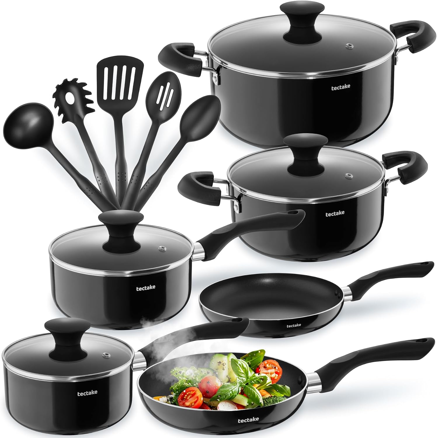 Detalle de tectake 405299 kastrullset, 15 delar med non-stick och glaslock