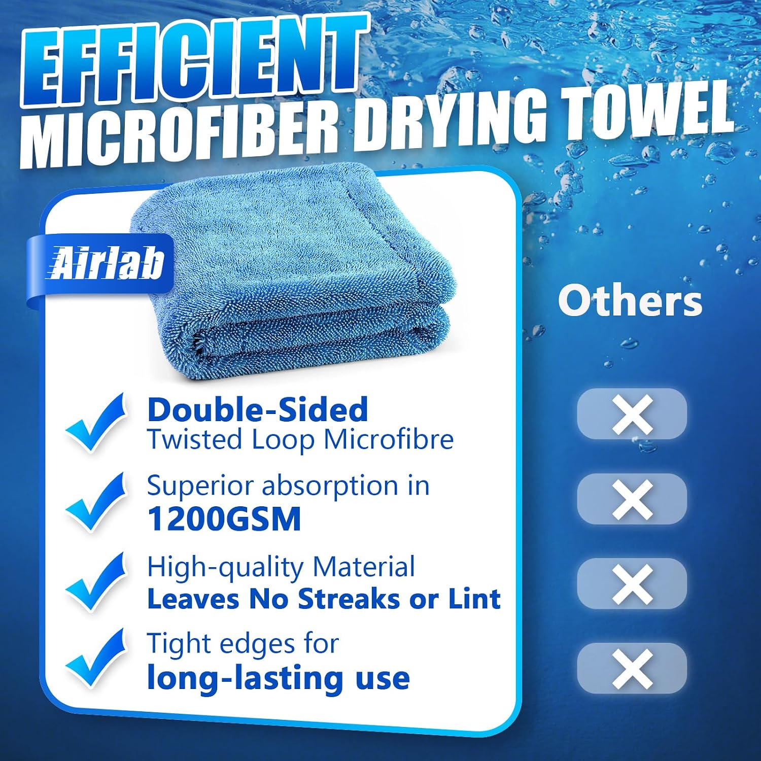 Thumbnail 5 de Airlab Auto Trockentuch 1200GSM – Mikrofasertuch XXL zum Autotrocknen, streifenfrei & fusselfrei (blau), ca. 60 x 40 cm