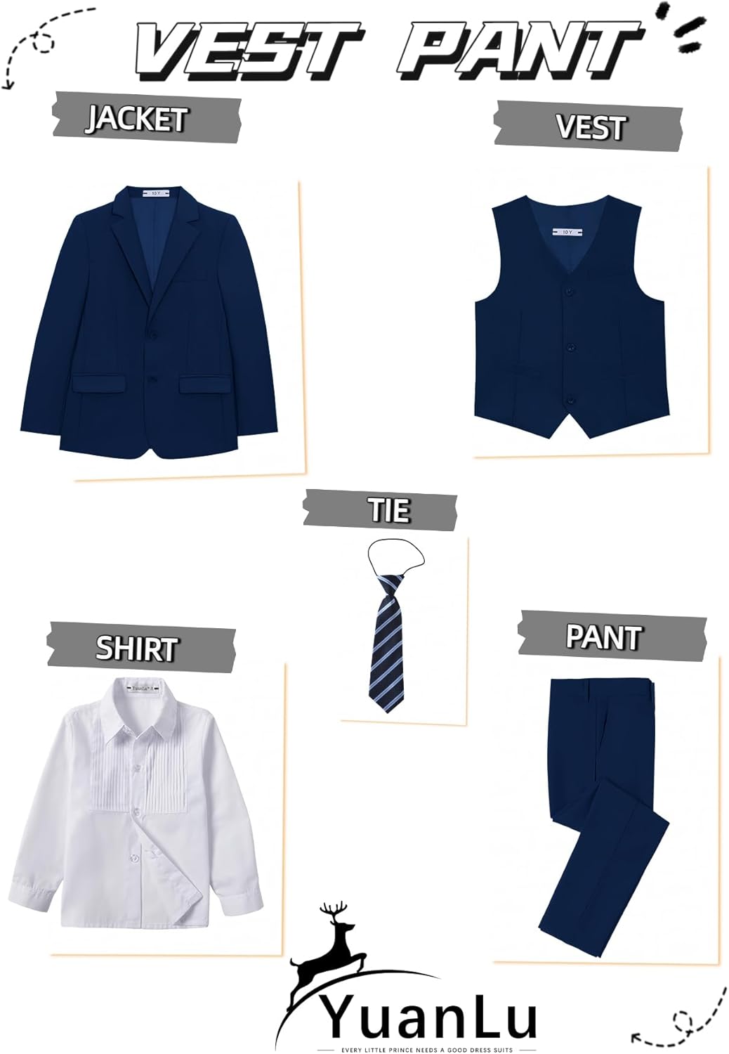 Thumbnail 1 de YuanLu Boys Navy Suit for Kids (5-Piece Tuxedo Ring Bearer Outfit, Slim Fit, Adjustable Waist)
