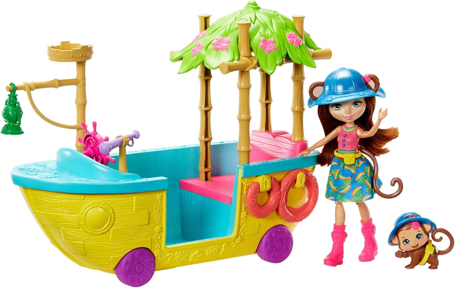 Enchantimals Coffret Bateau d'Exploratrice à roulettes, Mini-poupée Merit Singe (GFN58) — jeu d’imagination et d’amitié