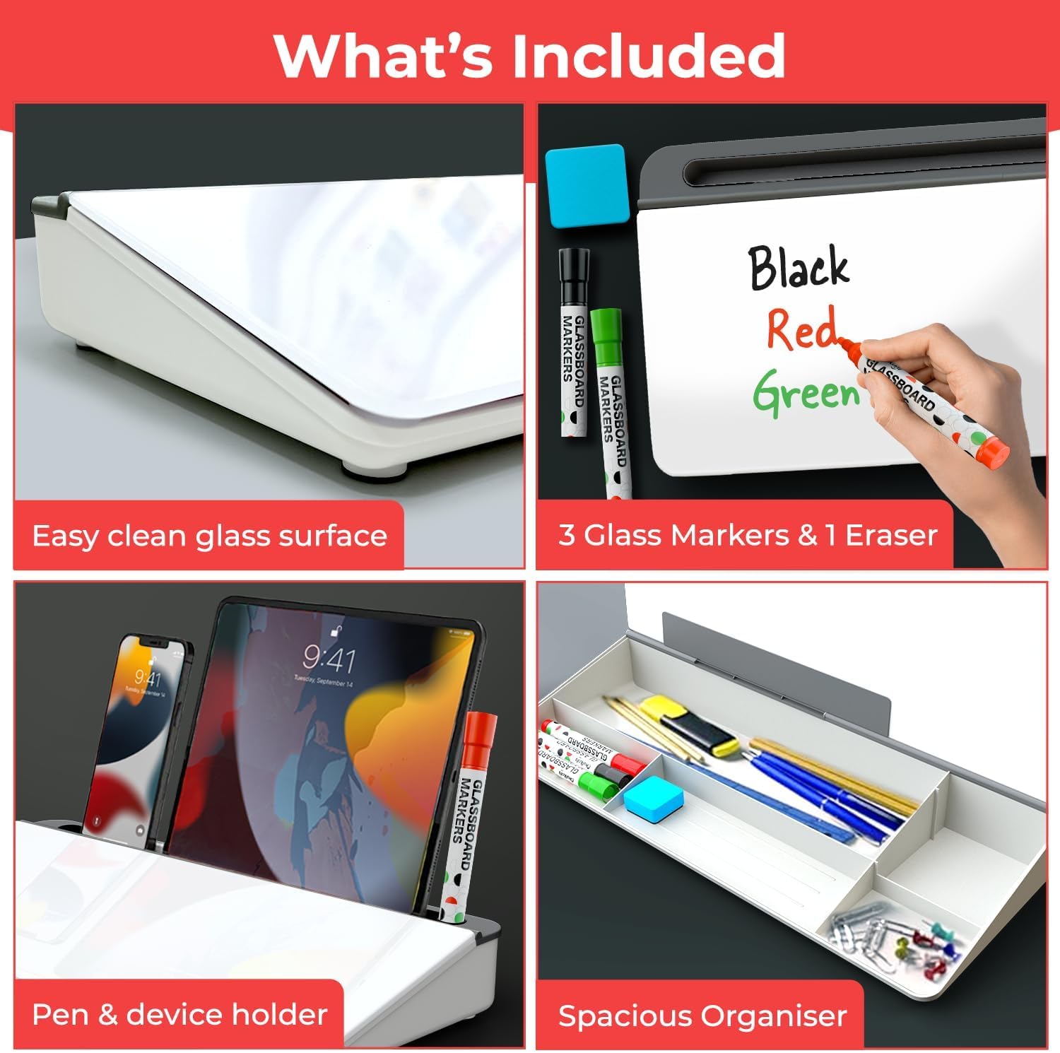 Detalle de Chalkola Glass Desktop Whiteboard with Storage (Dry Erase) — Desk organiser + keyboard stand with 3 markers