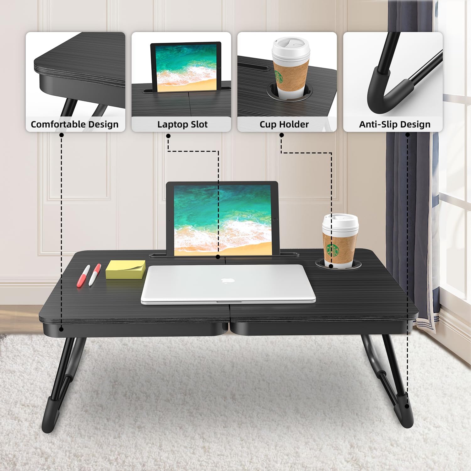 Detalle 2 de BUYIFY Foldable Laptop Desk for Bed and Couch with Cup and Phone Holders