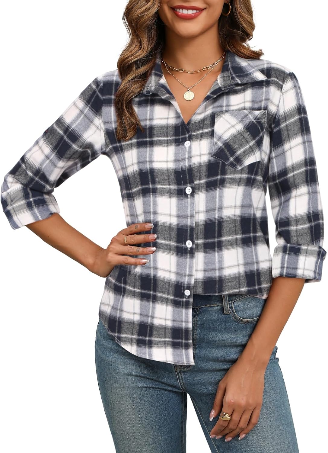 Detalle de Zeagoo Chemise Femme à Carreaux à Manches Longues – Chemisier chic à col en V