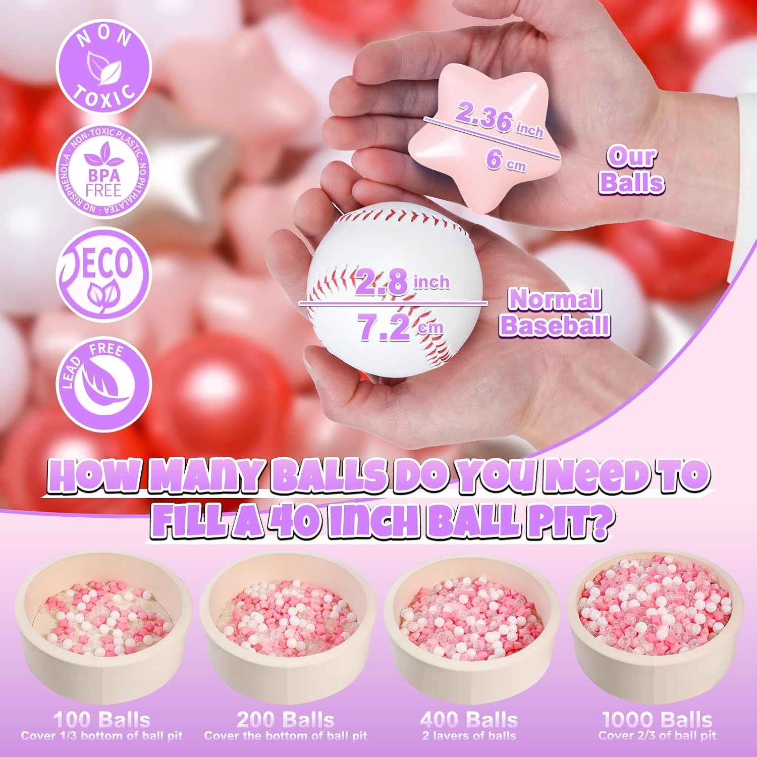Detalle 2 de GOGOSO Ball Pit Balls for Toddlers (Pearl Red, Pink, Pearl Gold + White) 100PCS