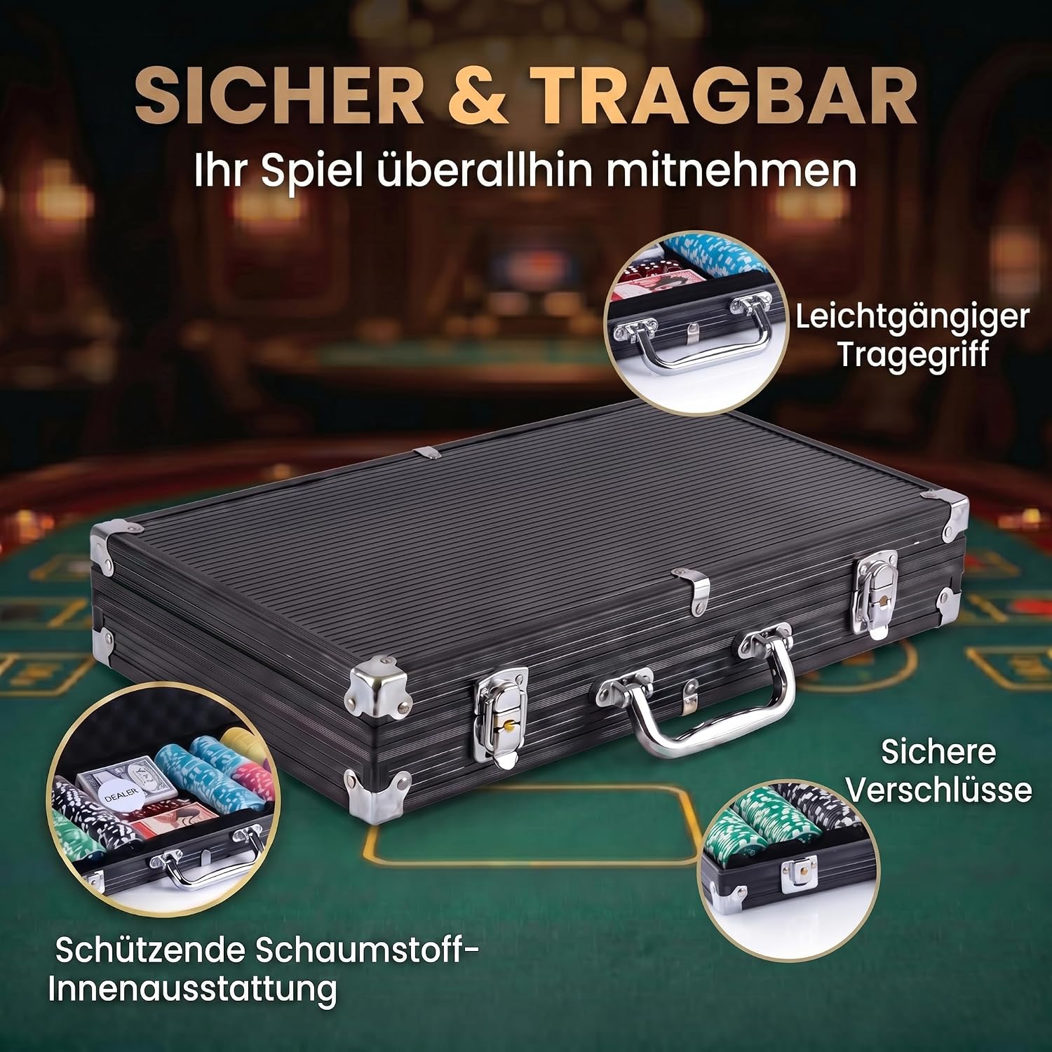 Detalle de Profi Pokerkoffer Pokerset inkl. 300–500 schwerer 12g Poker-Chips, Deck, Karten, Würfel, Dealer-Button – abschließbarer Alu-Koffer