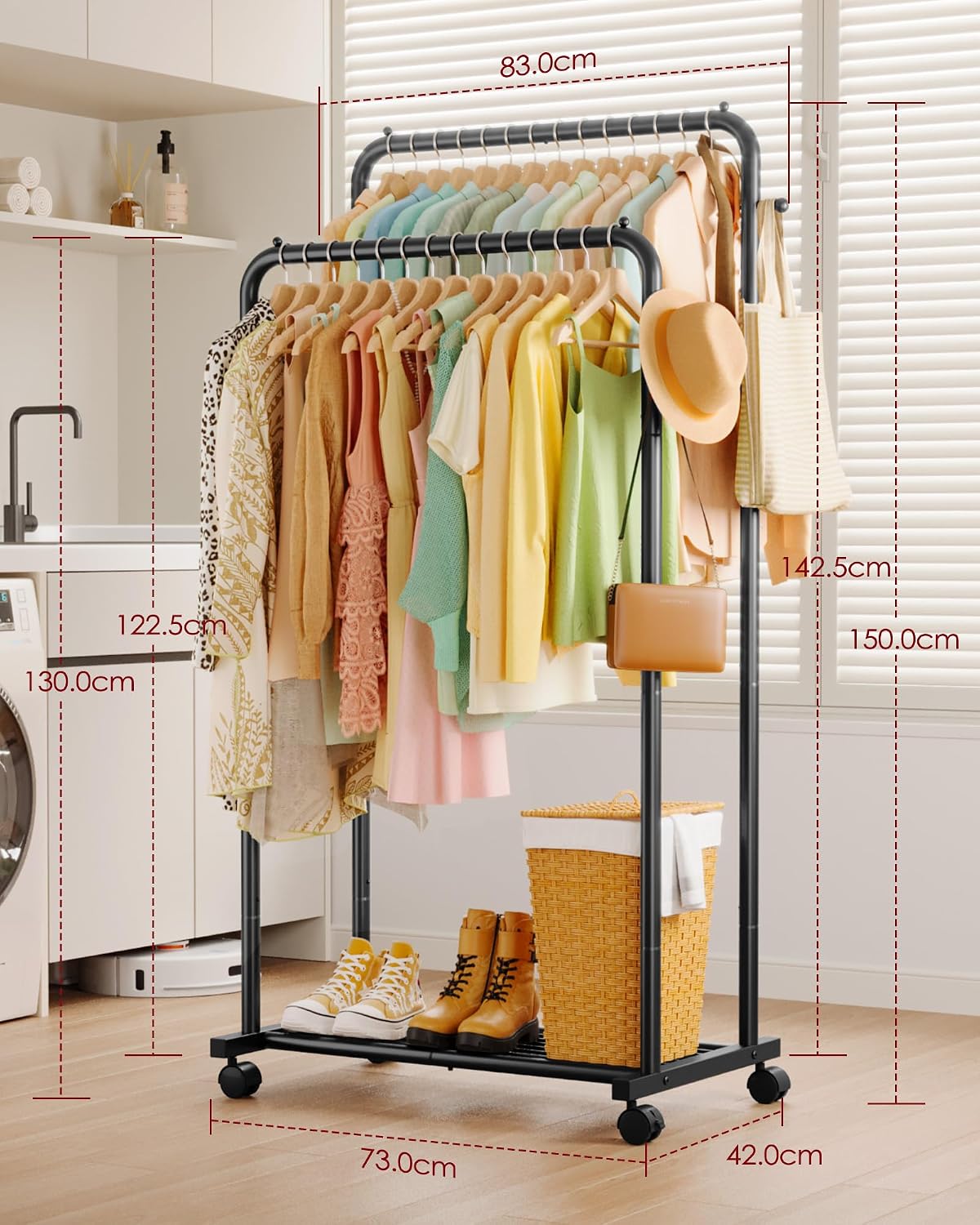 Thumbnail 1 de Sakugi Clothes Rail – Double-Rod Rustproof Clothes Rack with Anti-Slip Stoppers, Mesh Shelf and Wheels