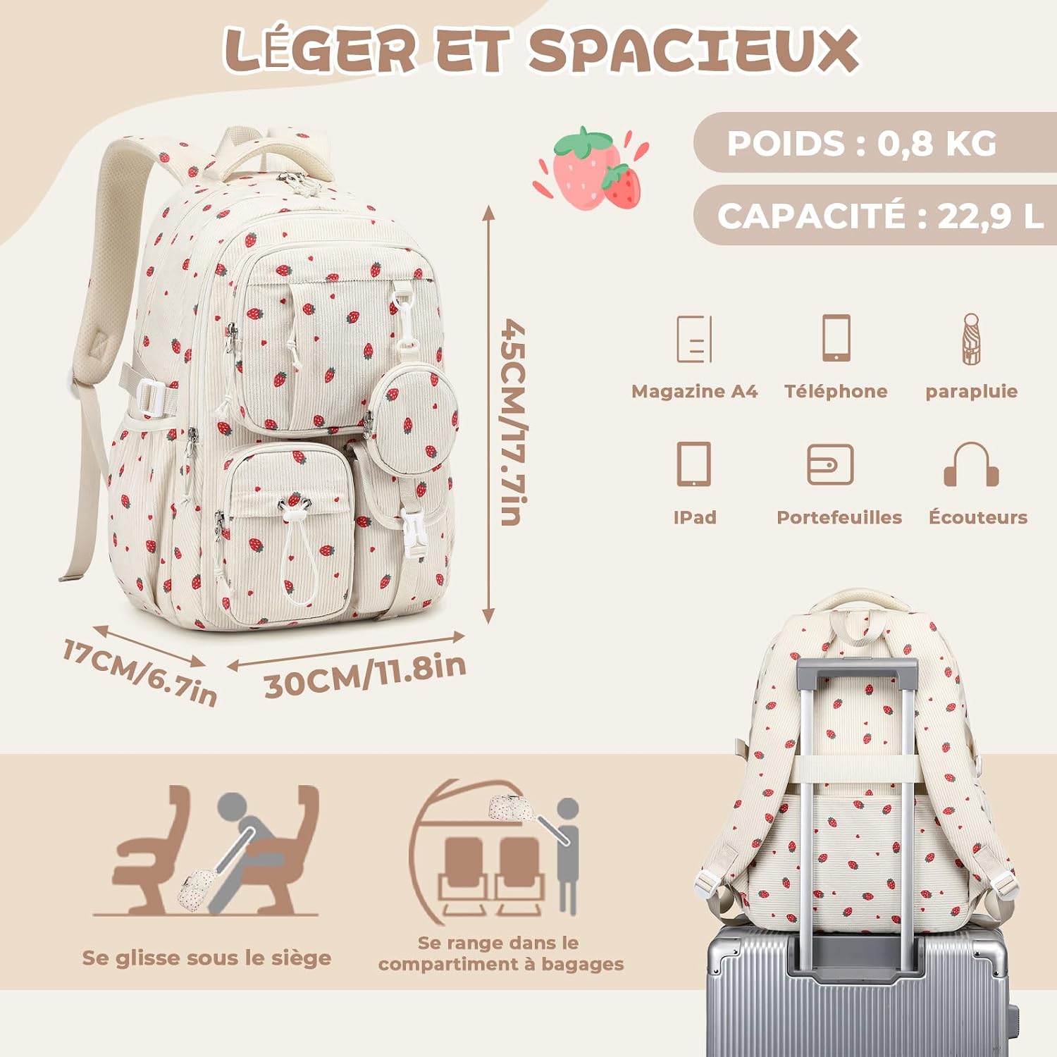 Detalle de Sisipoet Sac à Dos Fille Velours Côtelé Fraise – Cartable Léger pour École et Voyage