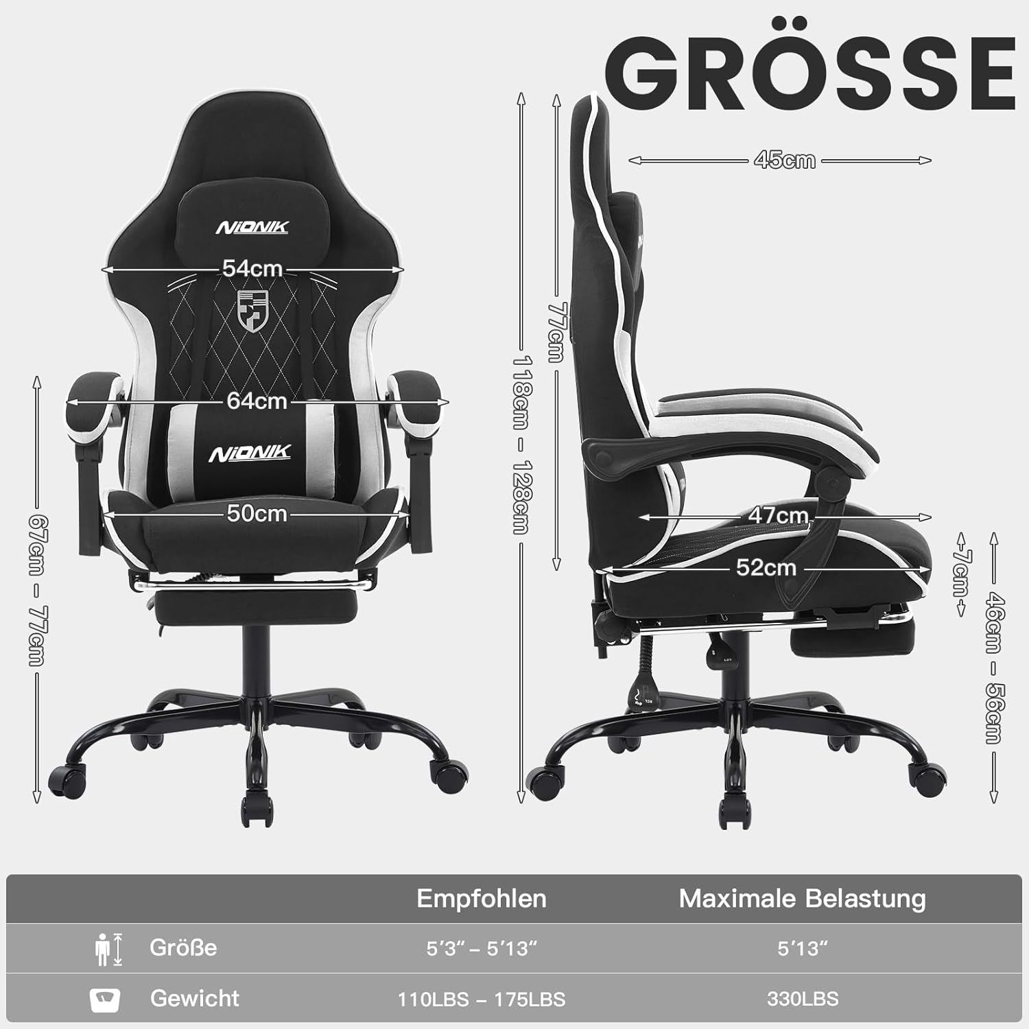 Detalle de NIONIK Gaming Stuhl Racing mit Fußstütze