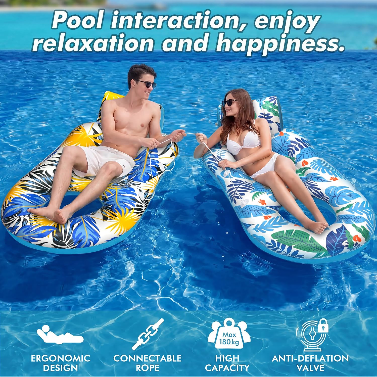 Thumbnail 6 de 2-Pack Adult Pool Float Loungers with Cup Holders, Backrest & Footrest (Pink/Blue)