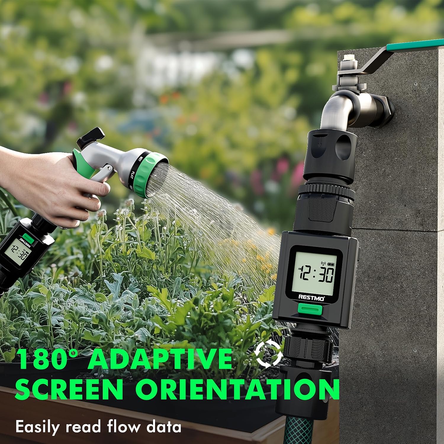 Detalle de Restmo Smart Water Flow Meter with Bluetooth for Garden Hoses and RV Tank Filling