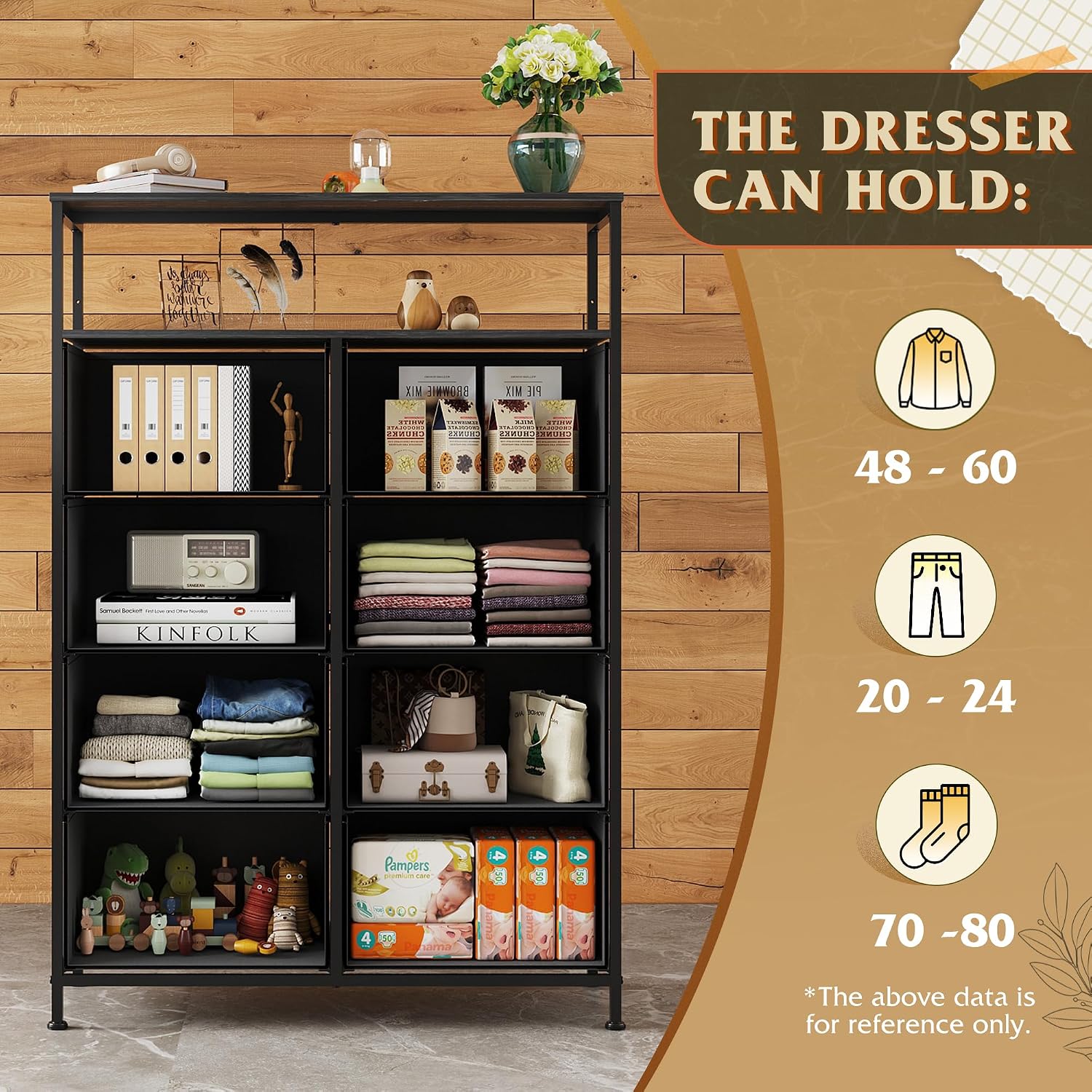 Detalle de WLIVE ASNG085DK 8-Drawer Fabric Dresser with Open Shelves