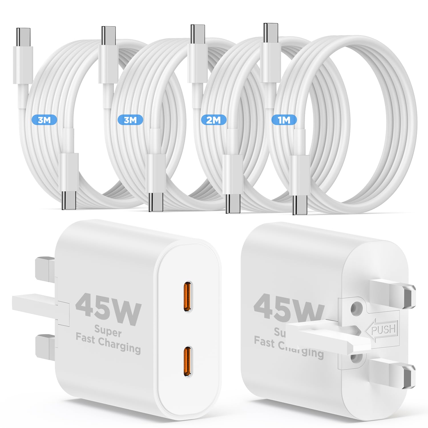 Thumbnail 6 de QZIIW 60W USB-C Charger Kit with 45W Block and Dual UK Plug + 60W USB-C Cables (1m/2m/3m variants) – Ideal for Samsung and iPhone