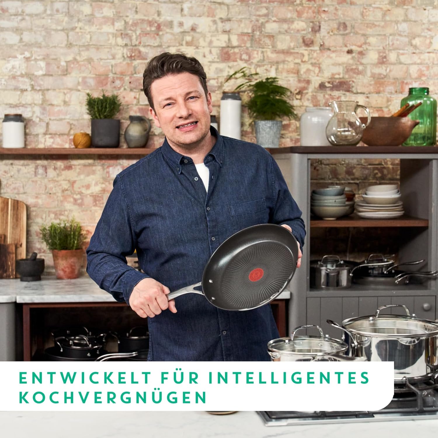 Detalle de Tefal Jamie Oliver Cook's Direct On Bratpfanne 28 cm – Edelstahl induktionsgeeignet, Titanium-Antihaft, Thermo-Signal
