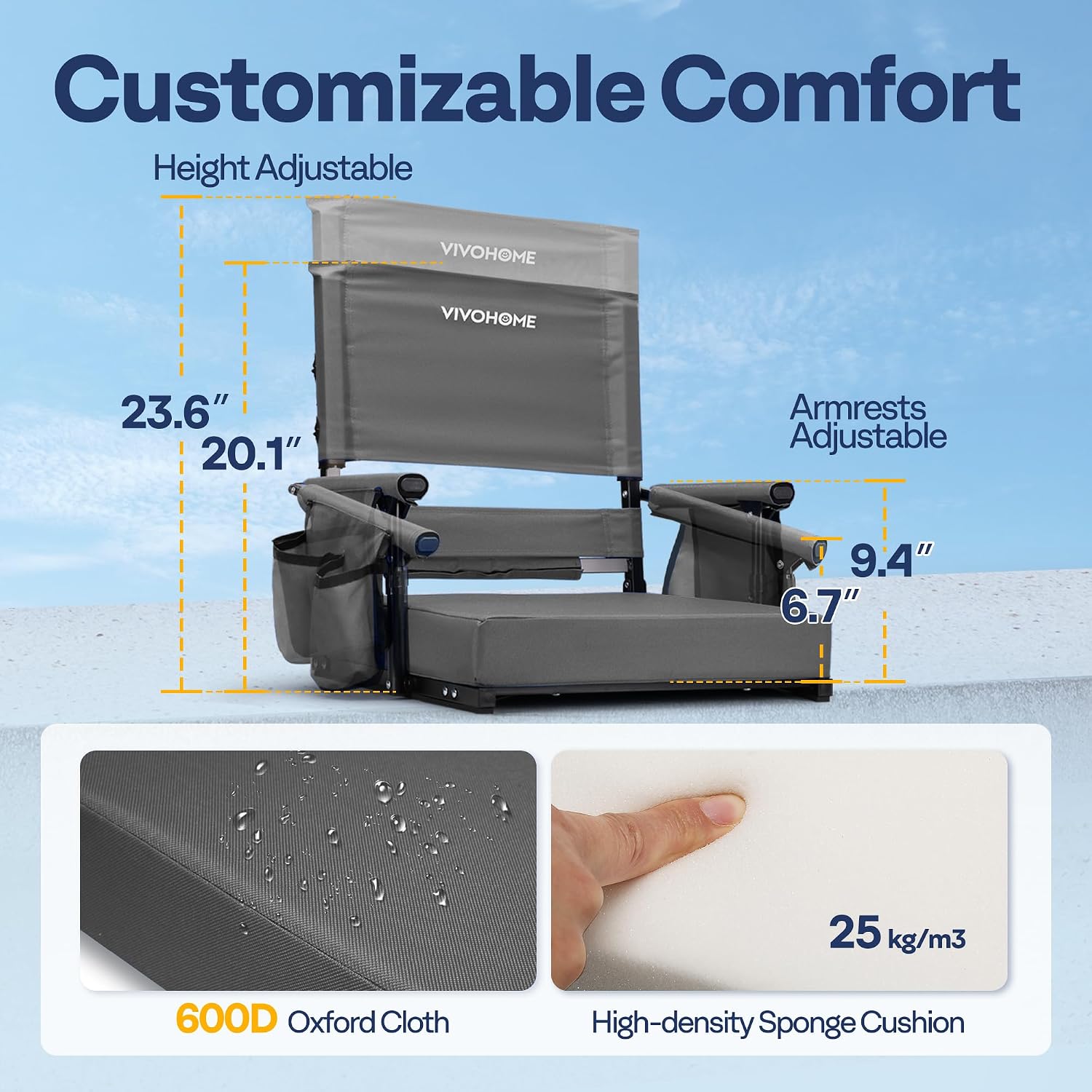 Detalle de VIVOHOME VH1726-GY Stadium Seats, 2-Pack Foldable with Adjustable High Backs