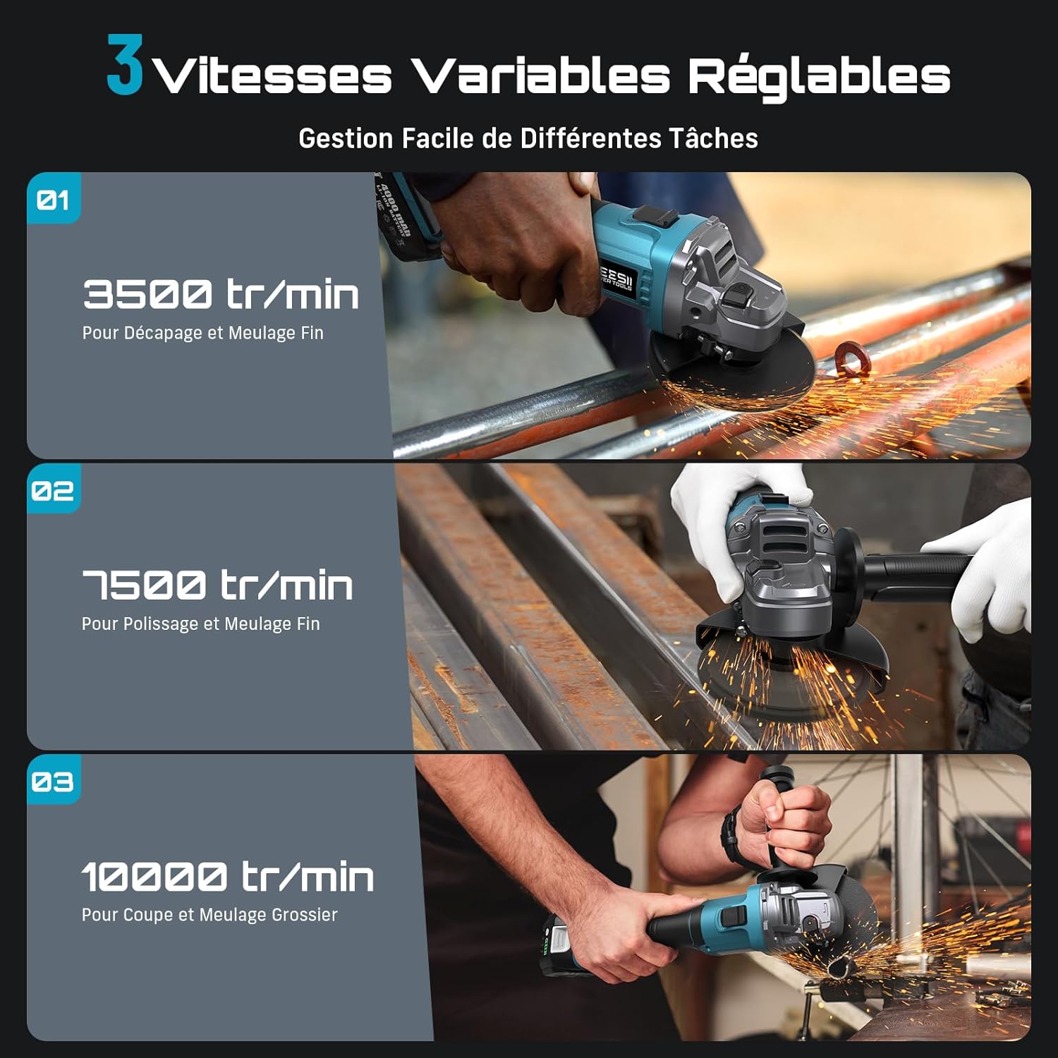 Thumbnail 3 de SEESII Meuleuse d'angle sans fil 125 mm 2x4000 mAh