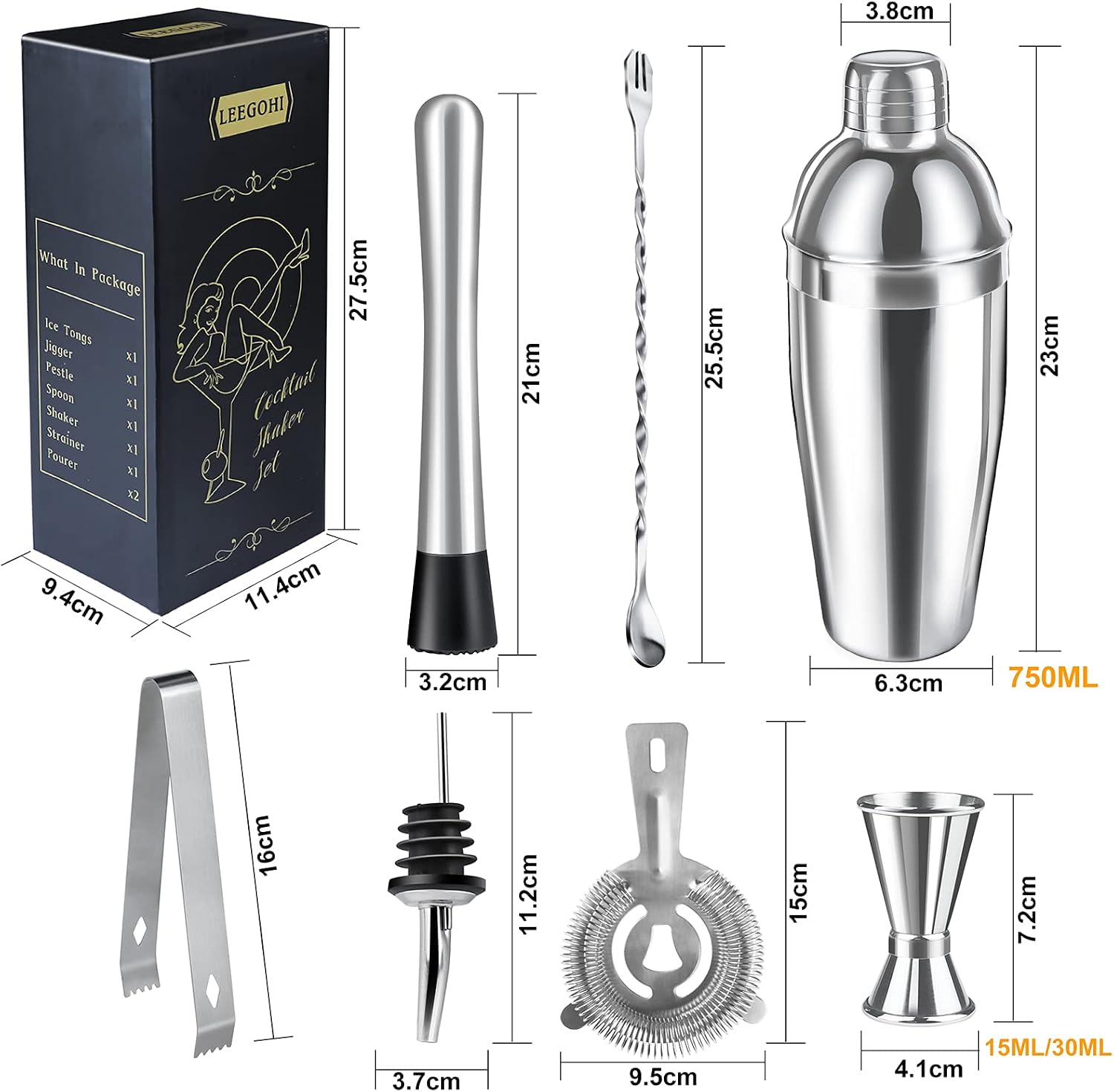 Thumbnail 1 de Cocktail Shaker Set aus 304 Edelstahl – 8-teiliges Barkeeper-Set mit 750 ml Mixbehälter