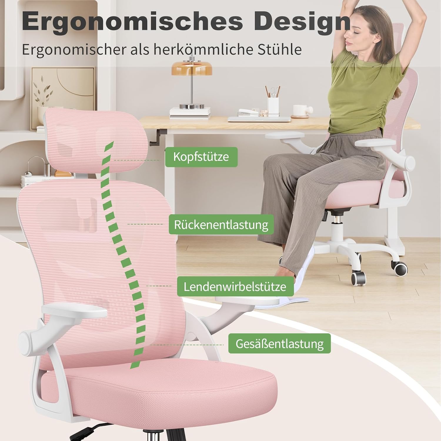 Thumbnail 6 de naspaluro Ergonomischer Schreibtischstuhl Rosa – Kompakter Drehstuhl mit Kopfstütze und hochklappbaren Armlehnen