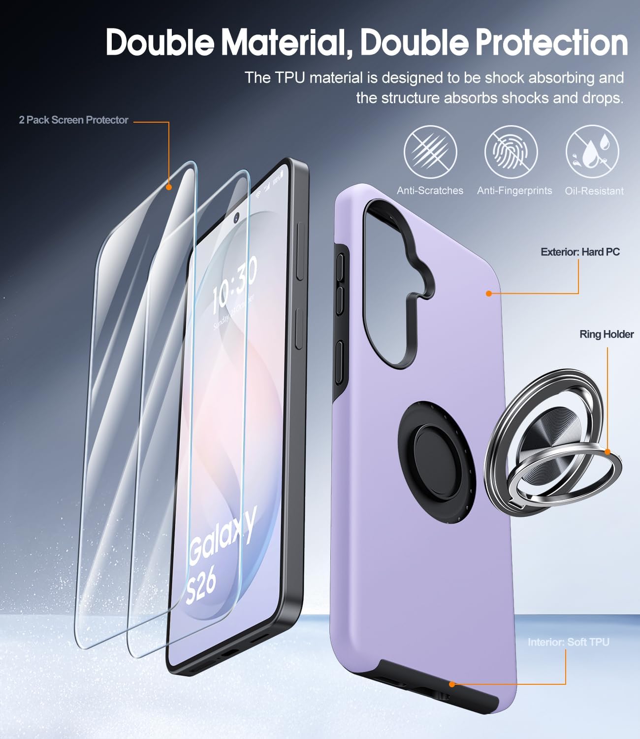 Detalle 2 de AOUIA Samsung Galaxy S26 Case with 2-Pack Screen Protectors — 3-in-1 Set with 360° Ring Stand