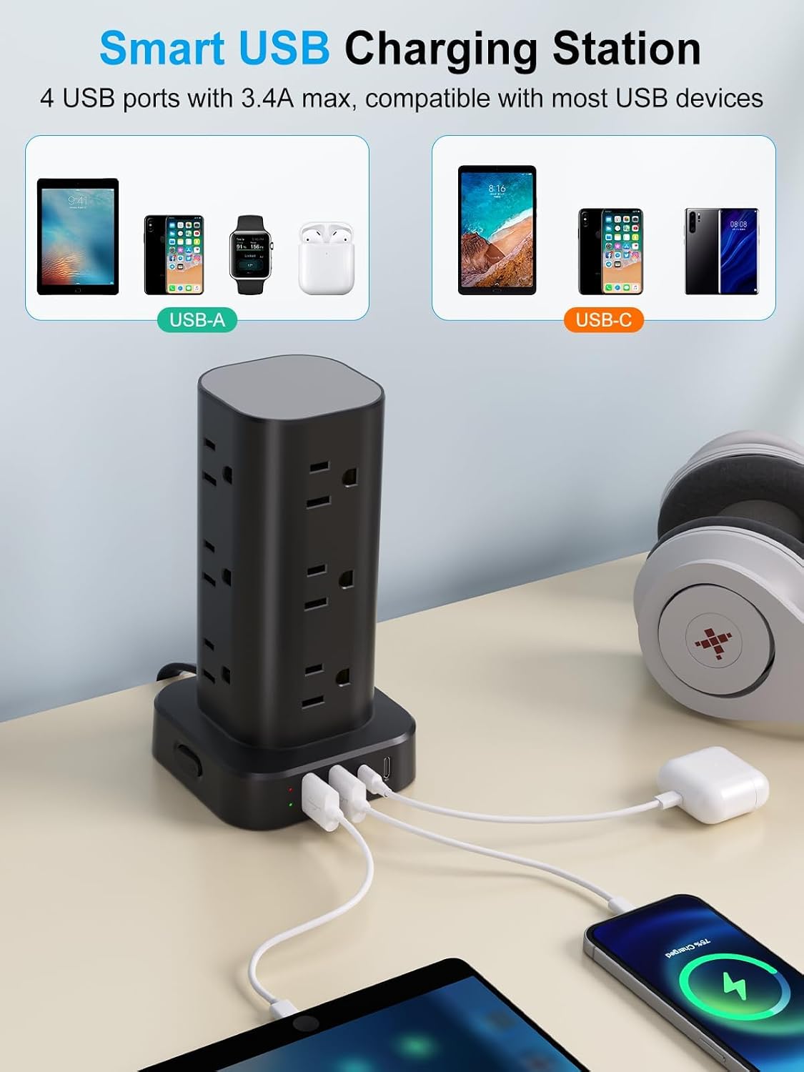 Detalle de UWIWUTEI HD-Q16 Power Strip Tower, 12 Outlets, 4 USB Ports, 1800J