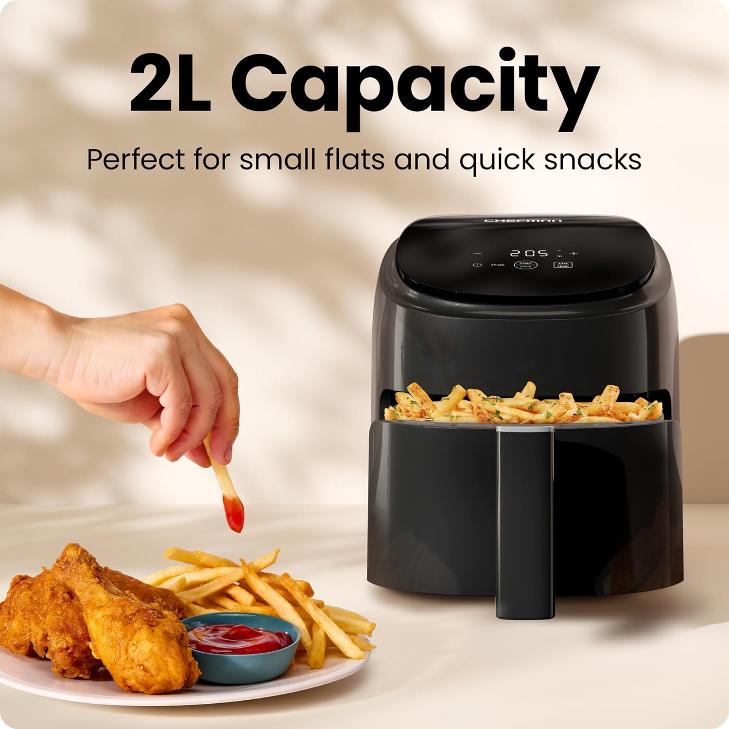 Detalle de Chefman 2L Mini Air Fryer (PFAS-Free) with Digital Timer & Shake Reminders – Compact, Space-Saving Black