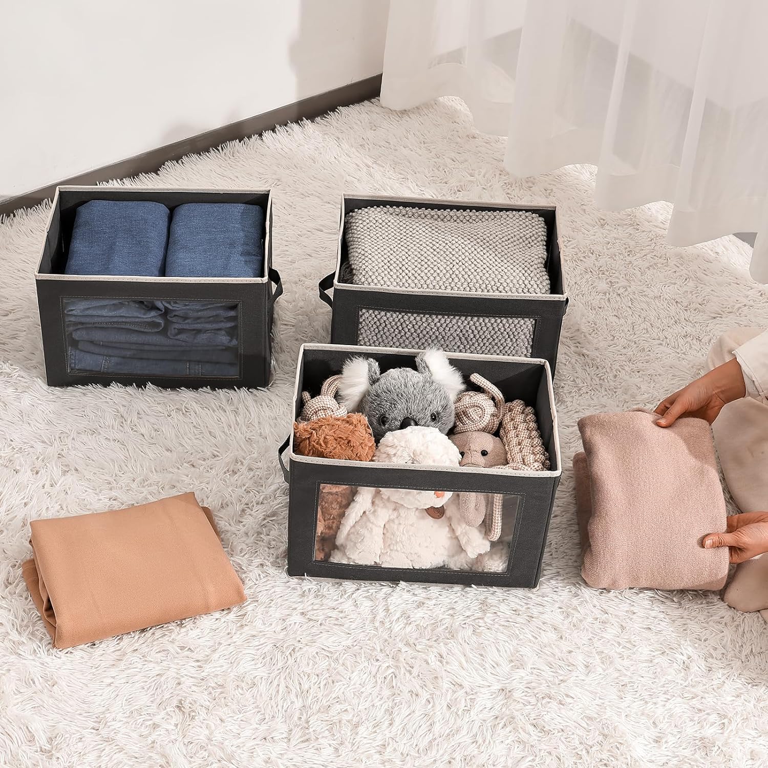 Thumbnail 6 de Homsorout 3-Pack Foldable Storage Boxes with Lids & Clear Window for Wardrobe, Shelf and Home Storage