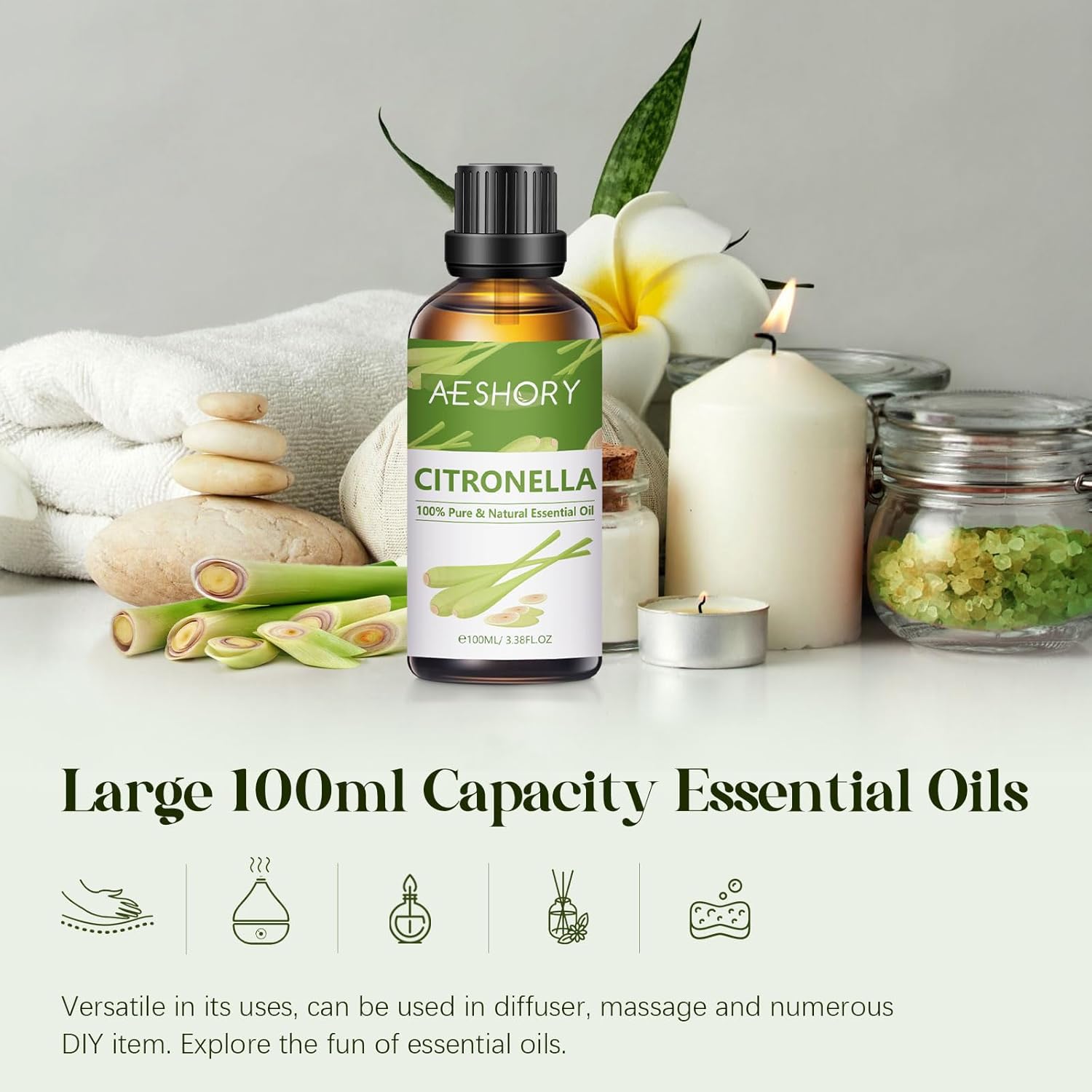 Detalle 2 de AESHORY Citronella Essential Oil (Pure) 100ml – steam-distilled for diffusers, cleaning and DIY skincare