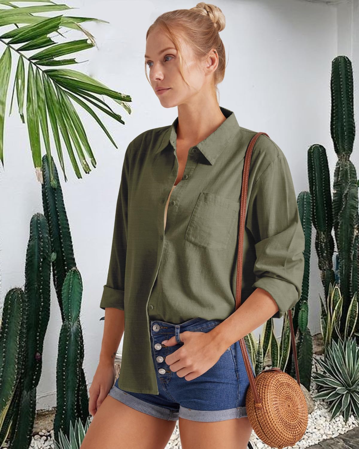 Detalle 2 de Friptspyg Damen Bluse – Langarm, V-Ausschnitt, 100% Baumwolle, locker geschnitten mit Tasche