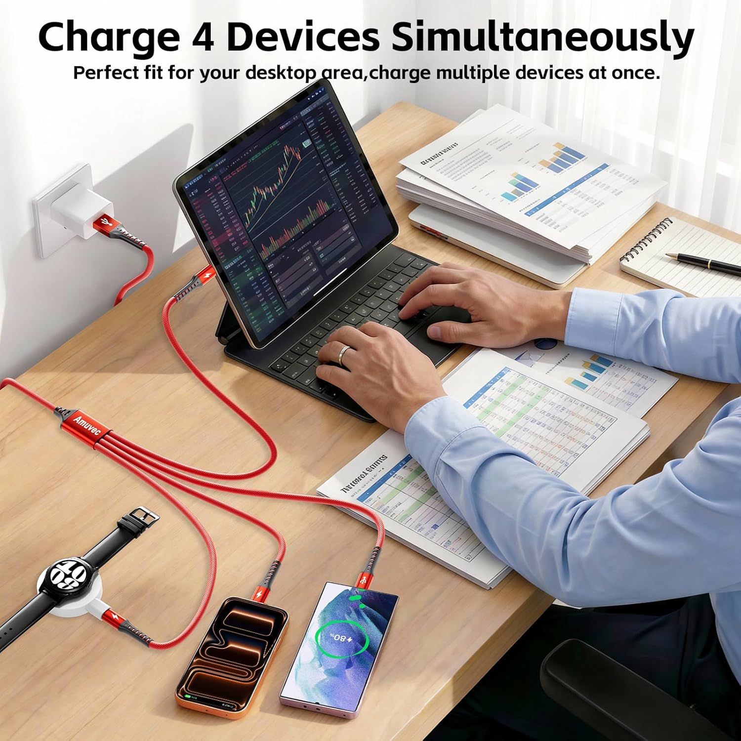 Thumbnail 1 de Amuvec 4 in 1 USB-C Multi Charger Cable (2.2m) – 3A USB-A to 4 Type-C Splitter, QC 3.0, braided lead (Red)