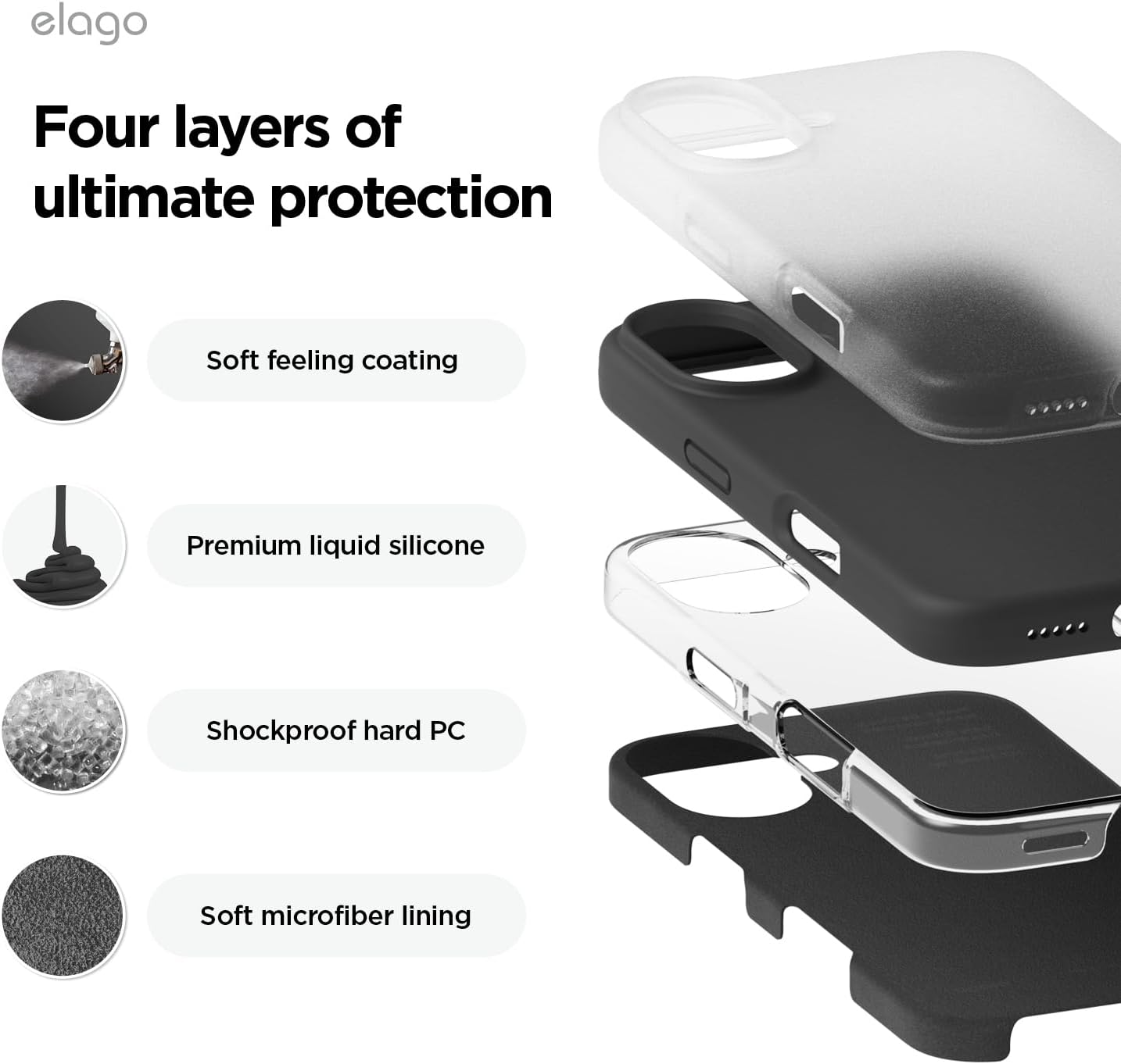 Detalle 2 de elago Coque Silicone Liquide Premium pour iPhone 16 – Étui intégral antichoc noir avec doublure microfibre anti-rayures