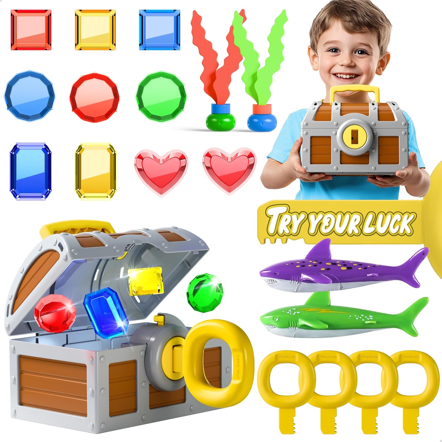Detalle 2 de Funscape Kids Diving Pool Toy: Large Treasure Chest with Keys, Gems, and Fish