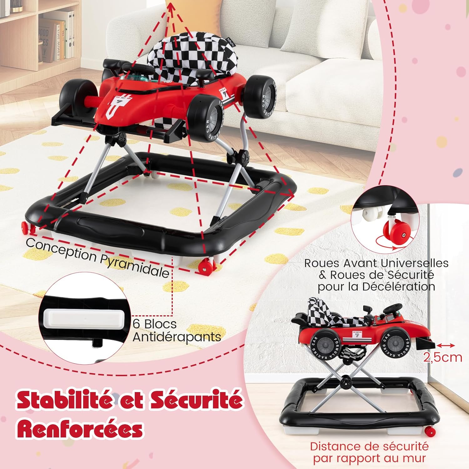 Thumbnail 3 de GOPLUS Trotteur bébé garçon 4 en 1 pliable, 3 hauteurs réglables (rouge) – musique et lumières