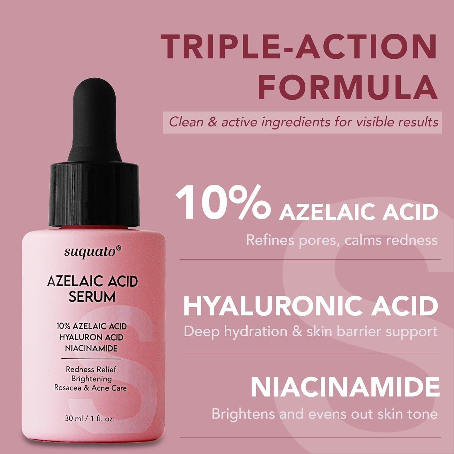 Detalle de Suquato Azelainsäure Serum 10% – Gesichtsserum mit Azelainsäure, Niacinamid und Hyaluronsäure (30 ml)